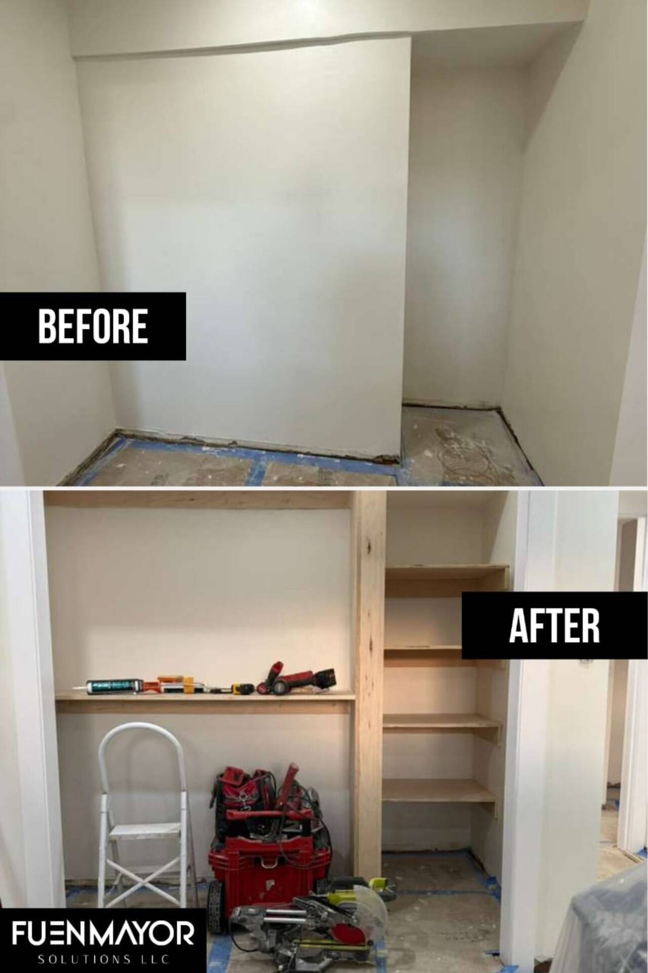 Before and after — custom built-in closet shelving by Fuenmayor Solutions, NYC