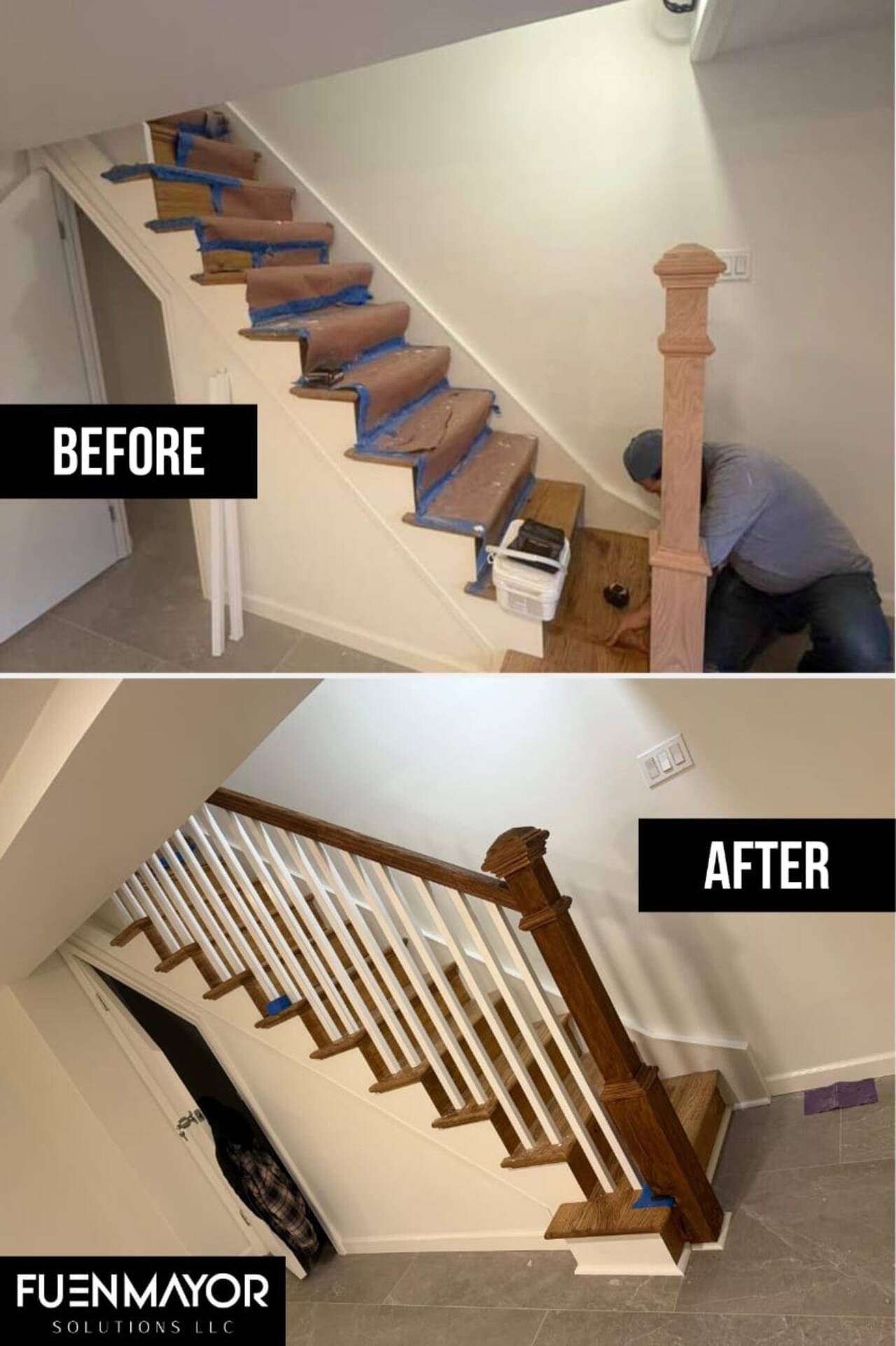 Before and after — staircase rebuild with new railing, NYC project